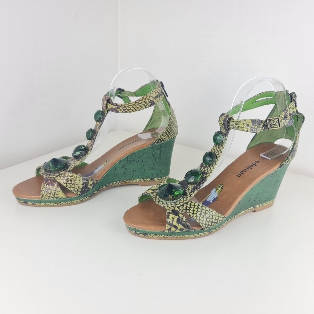 Libby Edelman Women size 10W Snakeskin Wedges Strappy Peep Toe green Sandals